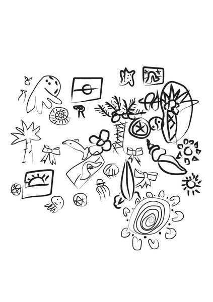 A digitised illustration of a children's drawing with a number of detailed images, including coconut trees, shells, bows, a dolphin, sea creatures, and the Aboriginal and Torres Strait Islands flags.