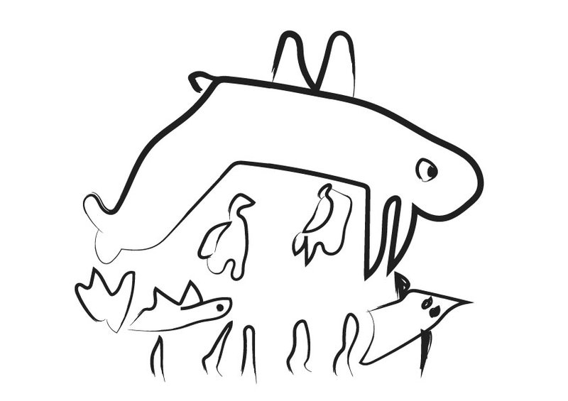 A digitised children's illustration showing the black outline of a whale and other sea creatures floating in the deep amongst seaweed.