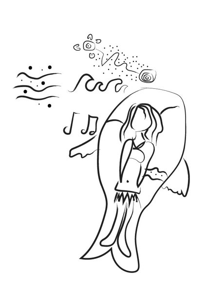 A digitised children's illustration showing a woman in the body of a whale, waves, music notes, and other land and sea-inspired imagery.