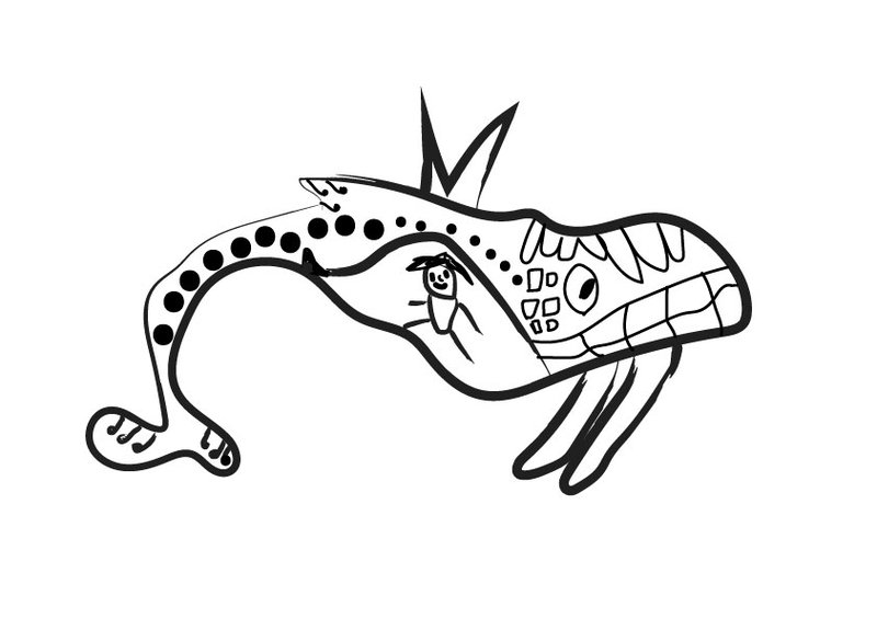 A digitised children's illustration of a whale with patterns and a person in its belly.