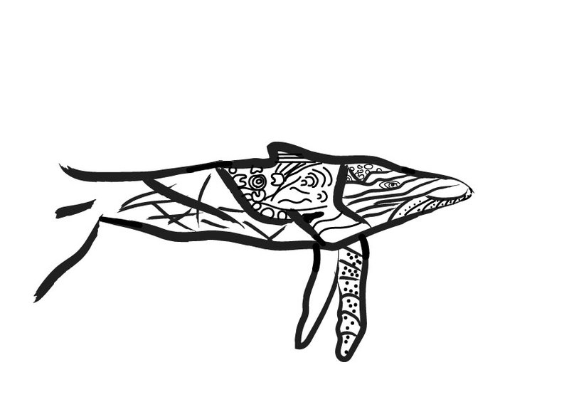 A digitised children's illustration of a patterned whale.