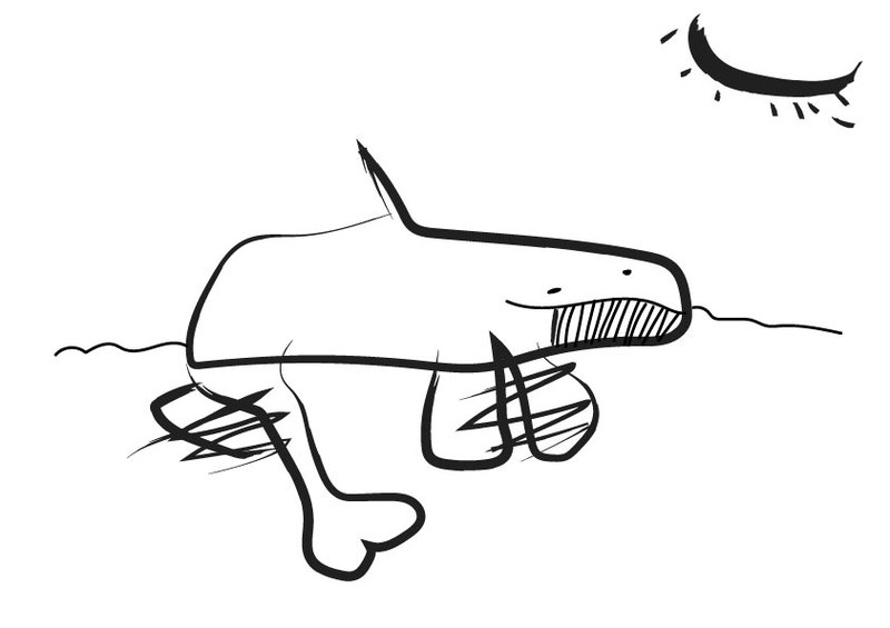 A digitised children's illustration of a whale breaching and the sun in the top right-hand corner.