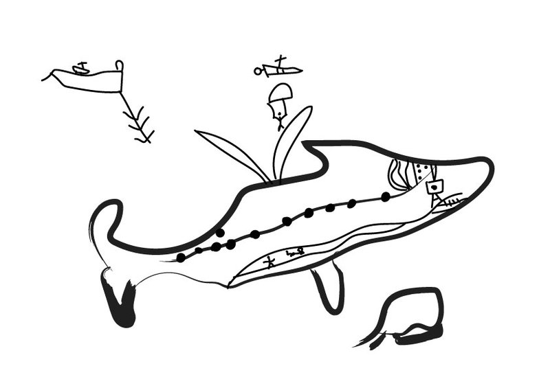 A digitised children's illustration showing a whale spurting water and a person parachuting down from a helicopter overhead.