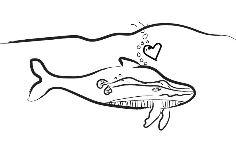A digitised children's illustration of an underwater whale, spurting bubbles, with a heart floating above it.