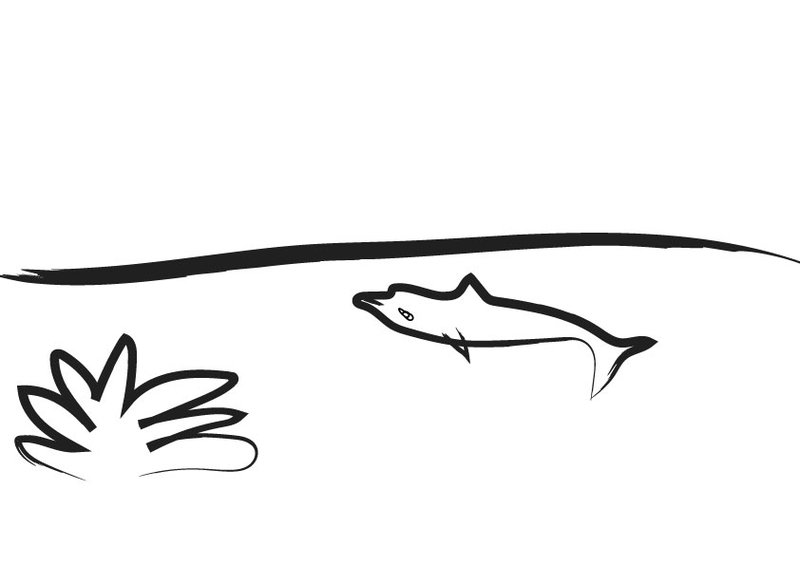 A digitised children's illustration of a dolphin underwater.
