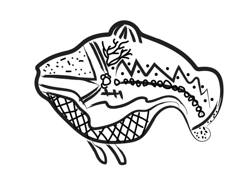 A digitised children's illustration of a whale with intricate patterns.