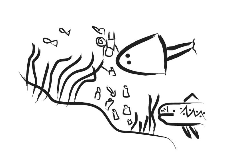 A digitised version of a child's illustration in black, showing underwater creatures, fish, and a human figure diving amongst seaweed.