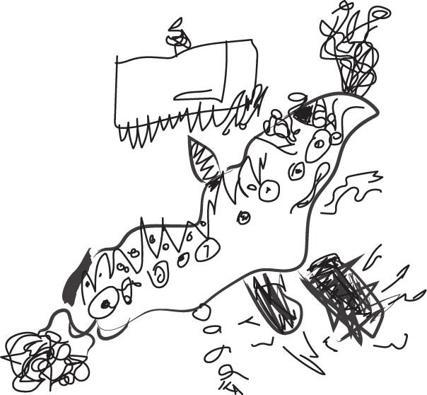 A digitised children's illustration of a patterned whale.