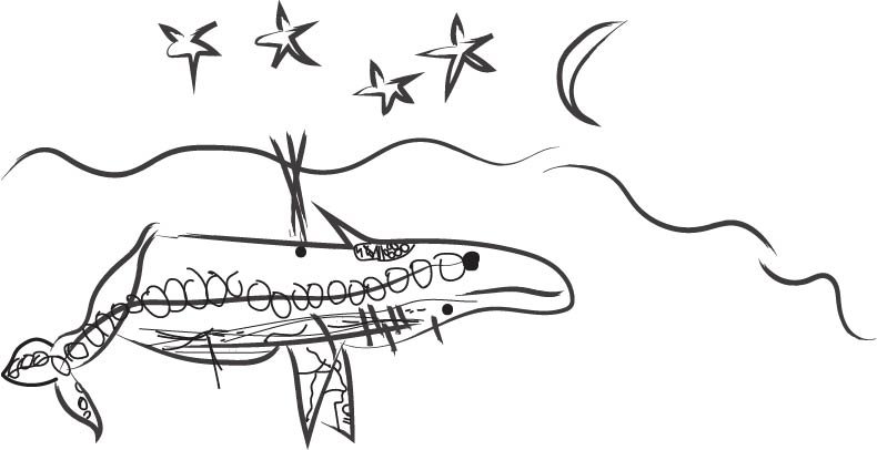 A digitised children's illustration of an underwater whale and stars in the sky.
