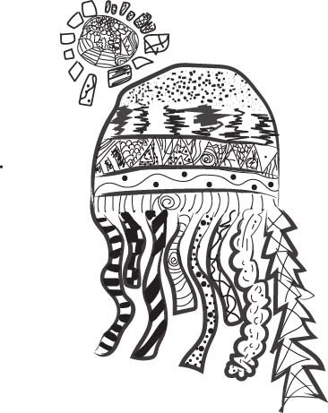 A digitised children's illustration of a patterned jellyfish under a sun.