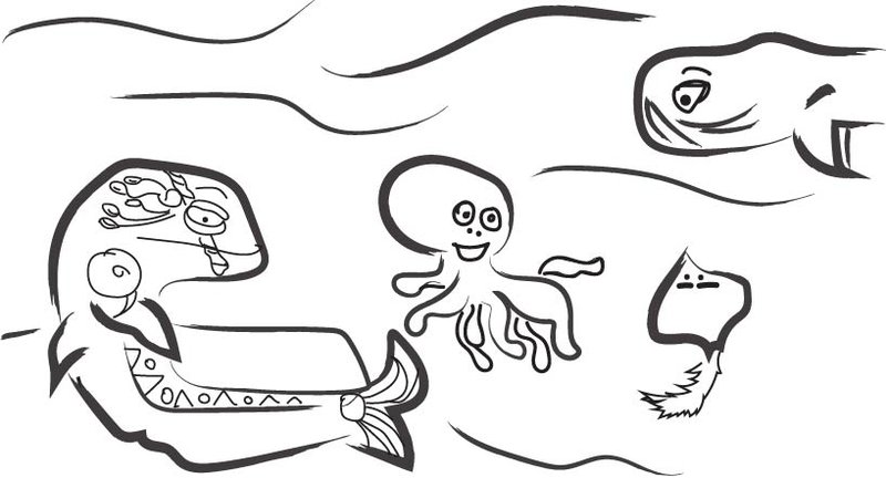 A digitised children's illustration showing whales, an octopus, and a stingray underwater.