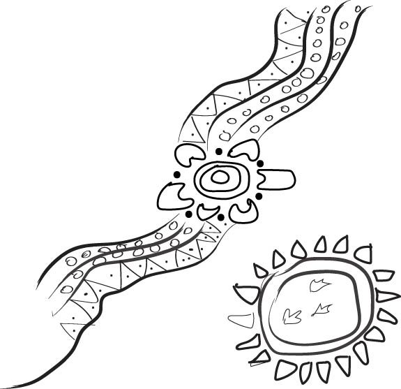 A digitised children's illustration of Aboriginal symbols.