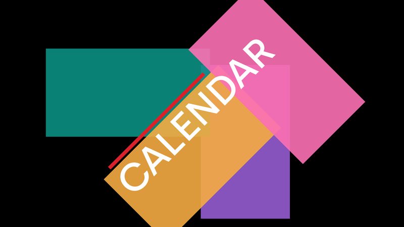 White text 'CALENDAR' is superimposed on a black background with multicoloured, overlapping rectangles.