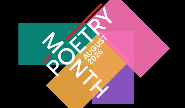 A graphic image of the words 'POETRY MONTH' bisecting each other in white text. The background is black and four coloured rectangles overlap each other behind the text.