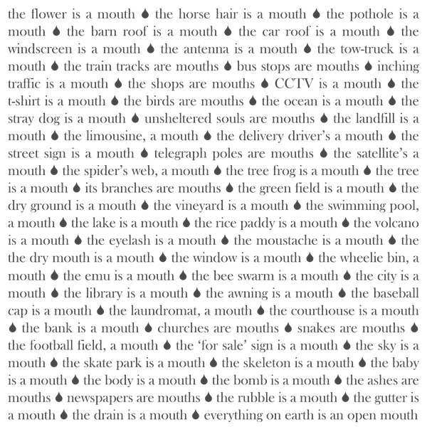 A visual poem formatted in the shape of a square, with phrases divided by dark raindrops.